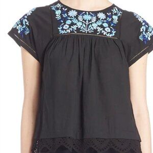 Rebecca Taylor Folk Garden Floral Embroidery Top Black